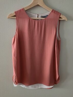 VINCE Scoop Neck Double-Layer Tank Top Salmon Pink 100% Silk